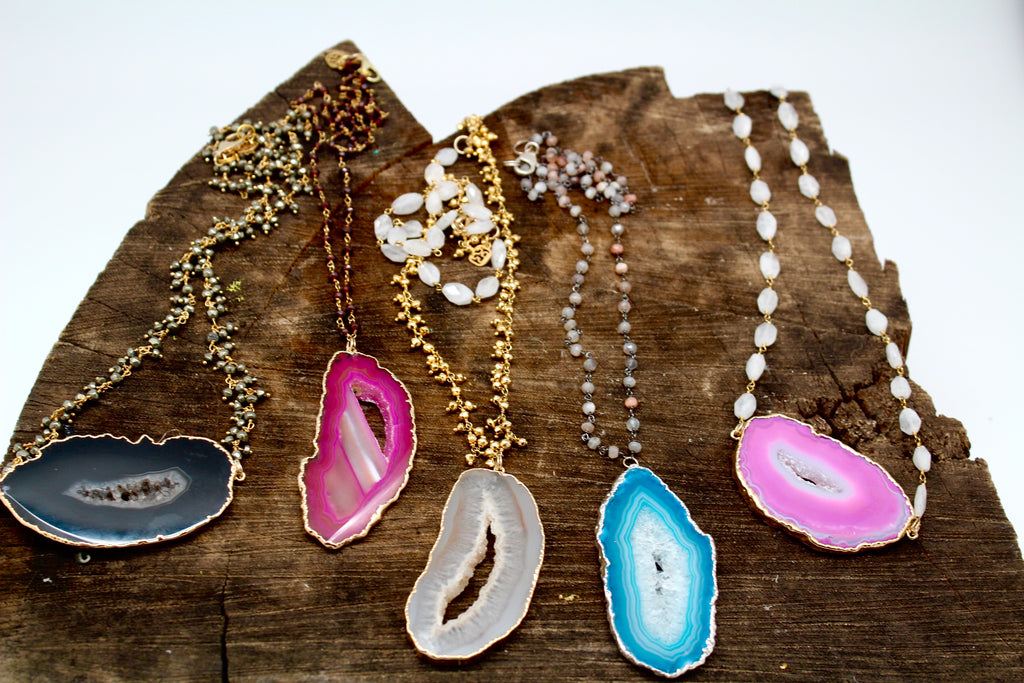 Brazilian Agate Crystal Geode necklaces on Gemstone hand wired chains