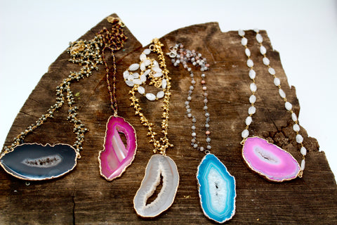 Brazilian Agate Crystal Geode necklaces on Gemstone hand wired chains