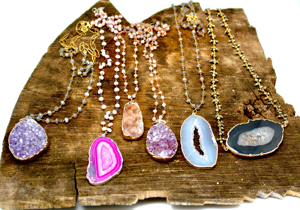 Brazilian Agate Crystal Geode Necklaces on Gemstone hand wired chains