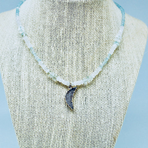 Aquamarine and Moonstone Crescent Druzy Moon choker