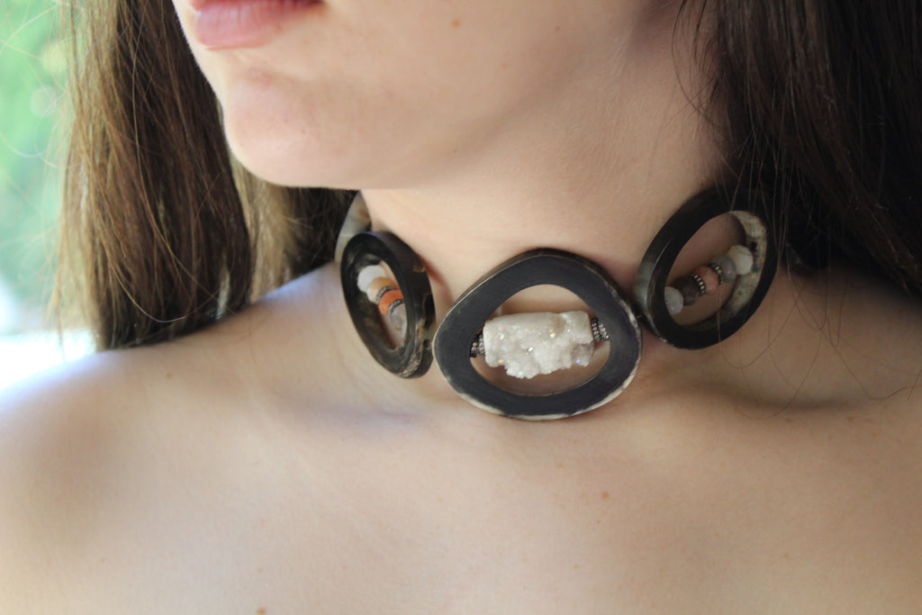 Water Buffalo Horn +Fire Opal + Peach Moonstone +Raw Druzy (focal) +Diamond Roundels