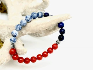 Coral, Sodalite, Lapis Lazuli and Sterling Silver gemstone bracelet