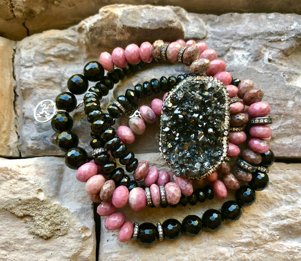 Rhodonite + Spinel + Druzy + Diamonds EXCLUSIVE