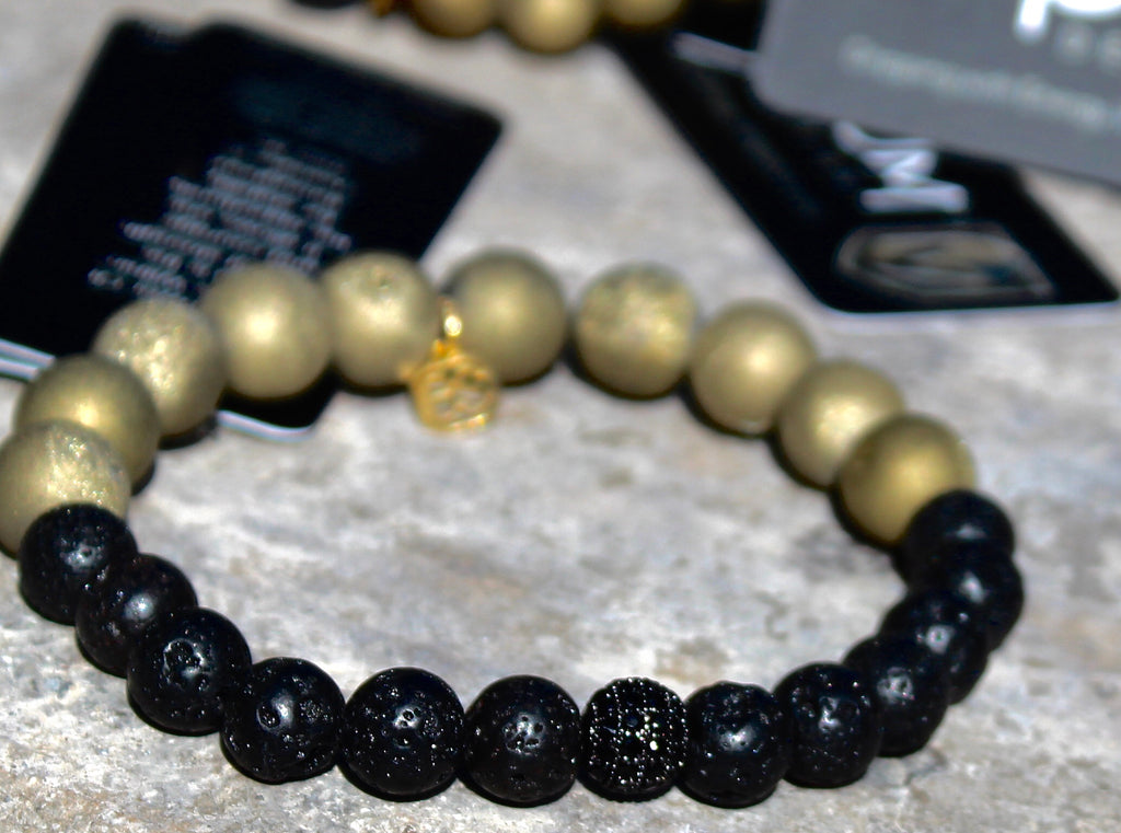 Gold Druzy Agate + Black Lava and 8mm black cz pavé Center bead Bracelet