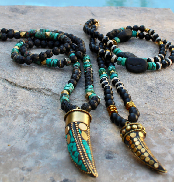 TURQUOISE +LAVA + BONE and TIBETAN BRASS HORN