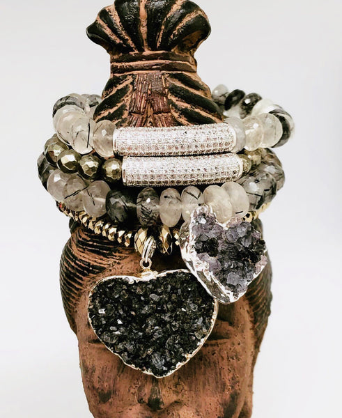 Druzy Heart pendants on Gemstone bracelets