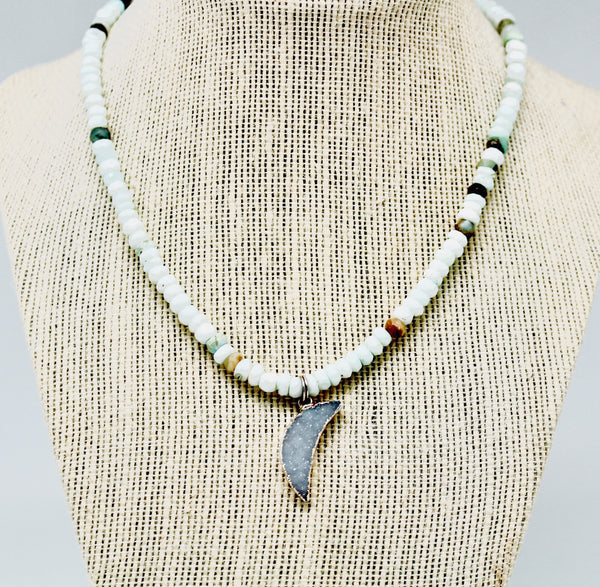 Peruvian Opal choker with Druzy Agate Crescent Moon